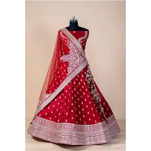 MAROON RED EMBROIDERY SILK LEHENGA