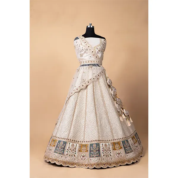 WHITE HEAVY EMROIDERY SILK LEHENGA