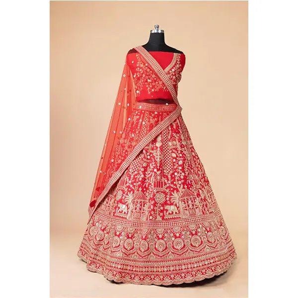 RED ORANGE HEAVY EMBROIDERY LEHENGA