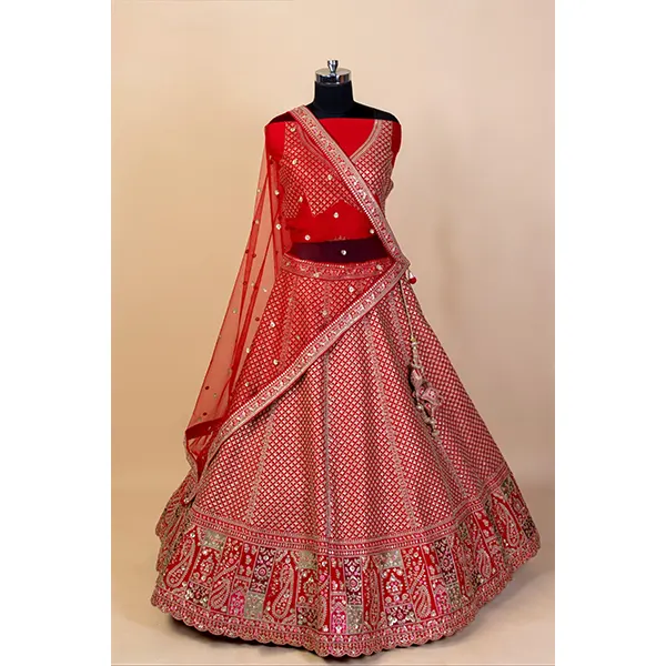 RUST RED EMROIDERY SILK LEHENGA